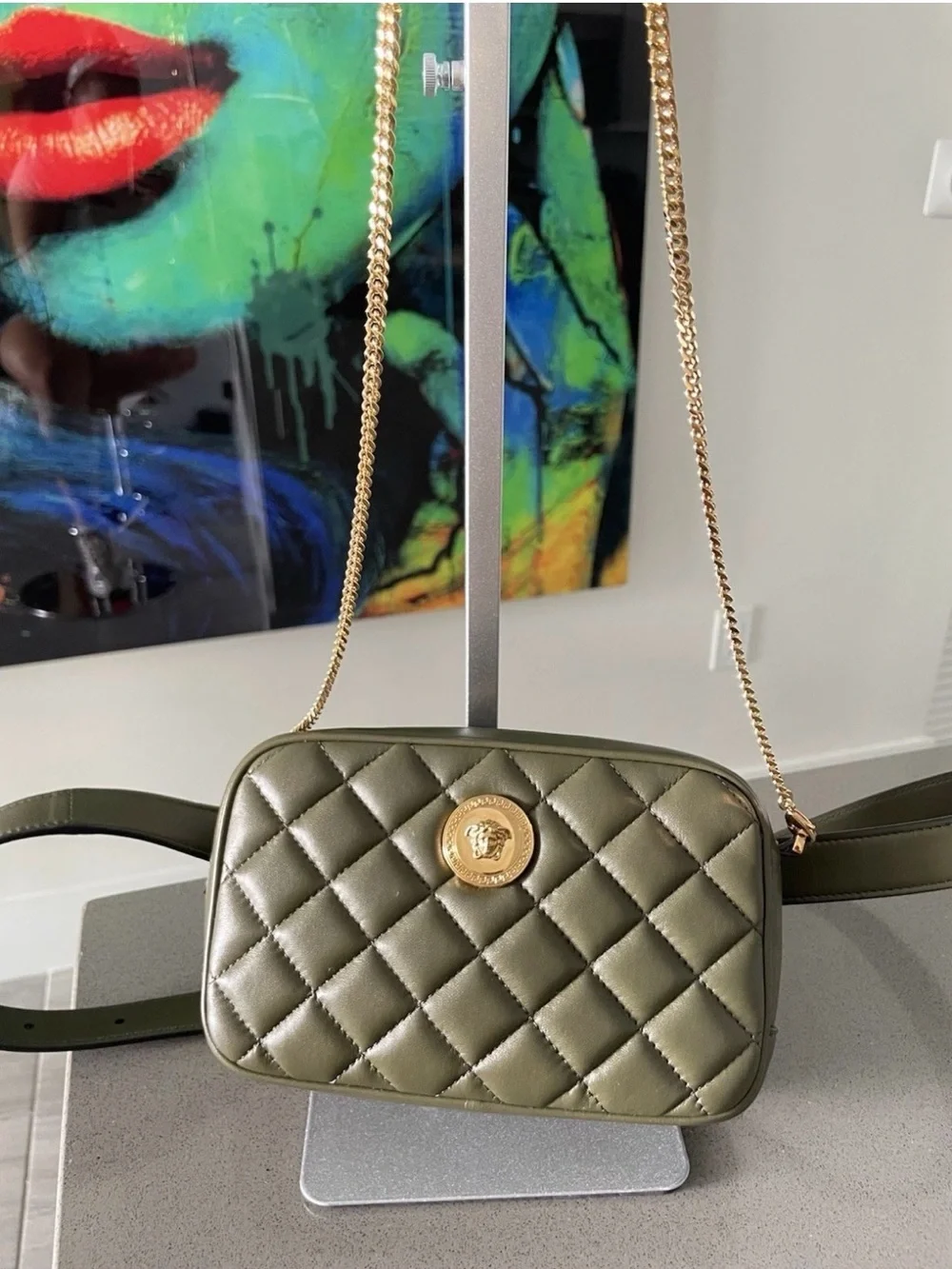 Versace Quilted Olive Green Leather Crossbody with Gold Medallion